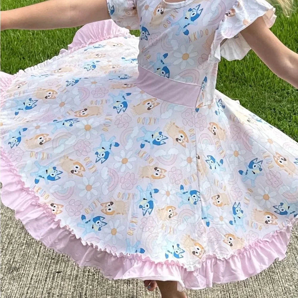 Bluey Bingo Ruffle Bow Back Twirl Girls Dress